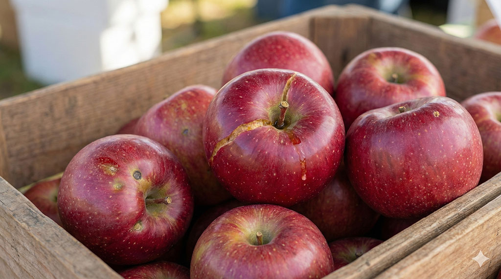 完熟の証であるツル割れが見られる訳あり品のこみつりんご