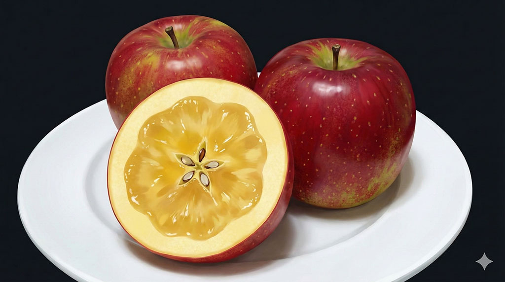 断面の8割近くに蜜が入った究極の蜜入りりんご「こみつ」の断面図