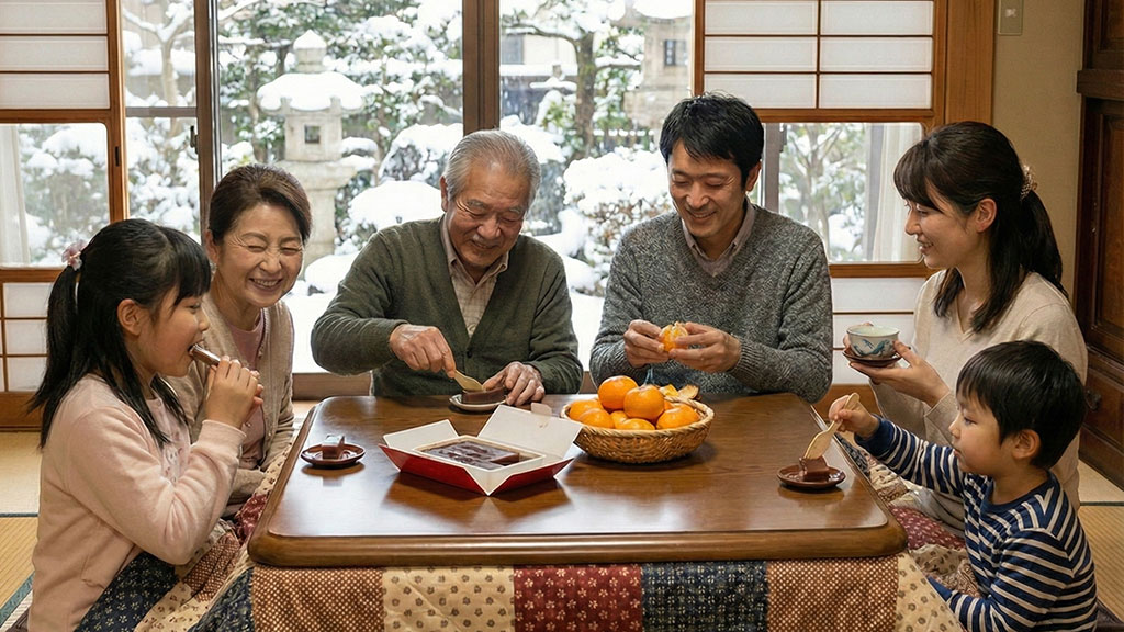 日本の冬の団欒風景。雪が降り積もる庭が見える窓辺で、温かいこたつに入った家族が、テーブルの中央に置かれた箱入りのようかんを囲んでいる様子。福井県特有の「冬にこたつでようかん」という文化を象徴する一枚。