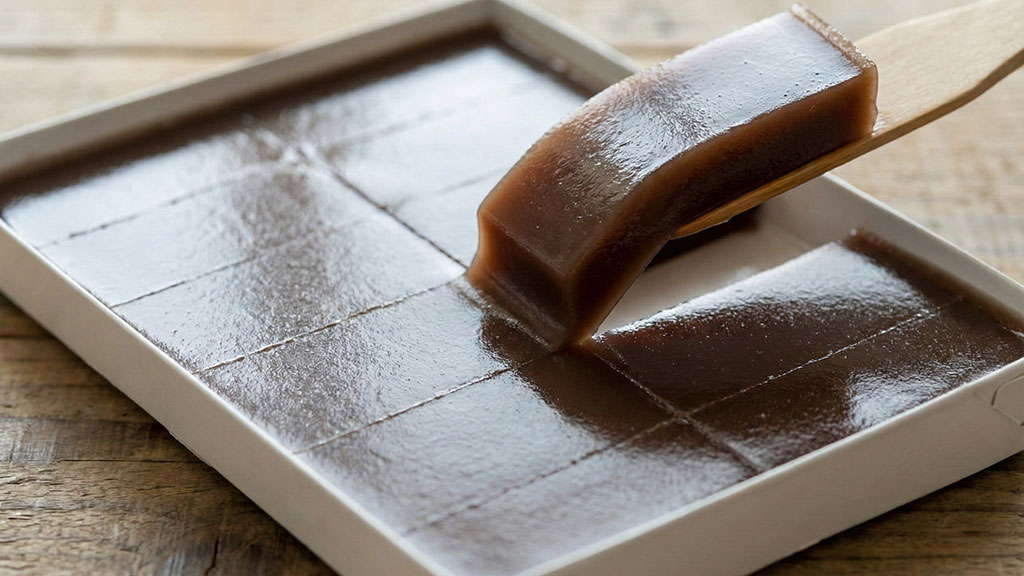 福井県特有の「一枚流し」水ようかんのクローズアップ写真。平らな紙箱いっぱいに流し込まれた黒褐色の水ようかんは、表面がみずみずしく光っており、木製のヘラですくい上げるとその柔らかさと水分量の多さが伝わってくる。