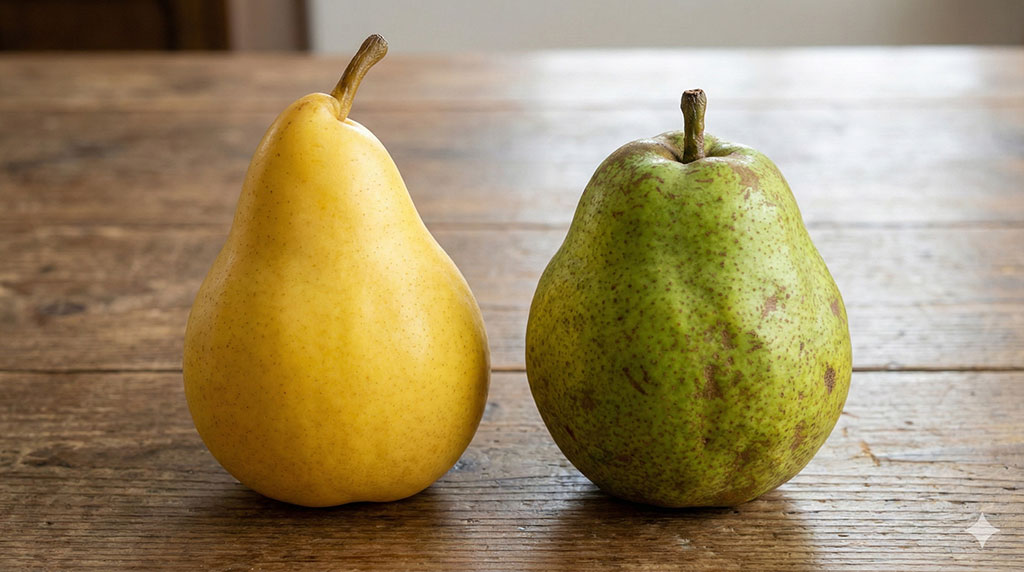 左側の黄色く滑らかなル・レクチエと、右側の緑色でゴツゴツしたラ・フランスを並べた比較写真。外見の違いが一目瞭然。