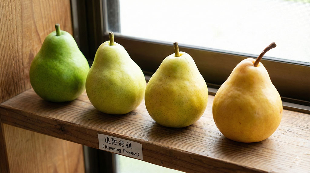 左側の黄色く滑らかなル・レクチエと、右側の緑色でゴツゴツしたラ・フランスを並べた比較写真。外見の違いが一目瞭然。