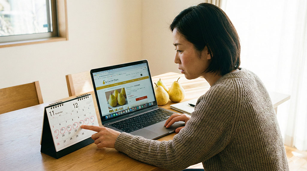パソコンでル・レクチエの通販サイトを見ながら、カレンダーで11月・12月の旬の時期を確認している様子。