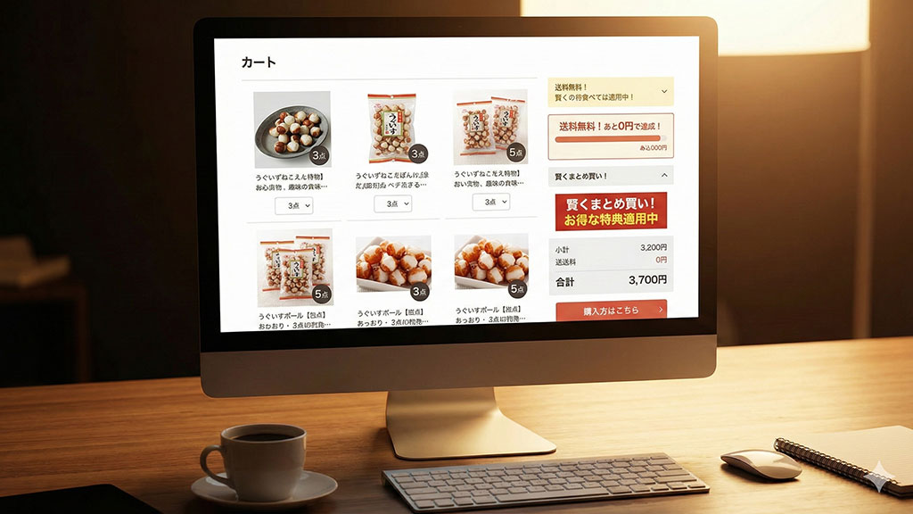 複数の鶯ボールをカートに入れ、送料無料の特典を確認しているパソコン画面。通販でのまとめ買いの賢さを表現。